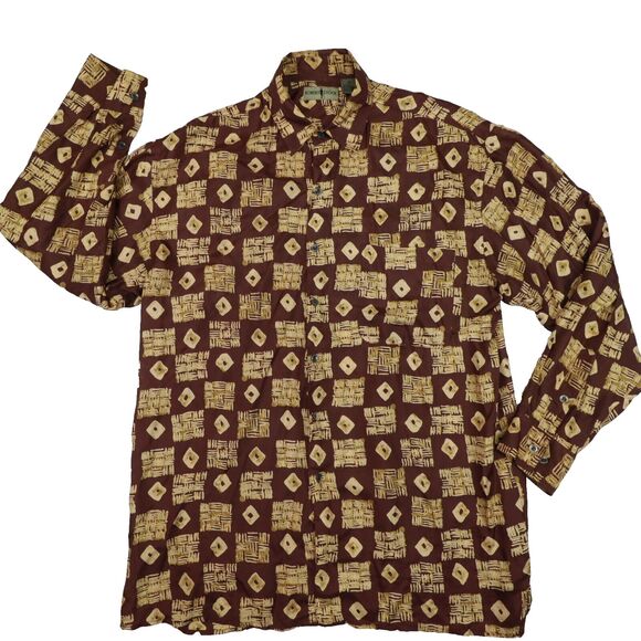 Vintage 90s Robert Stock Silk Brown Geometric Print Longsleeve Button Up size XL - Picture 1 of 8